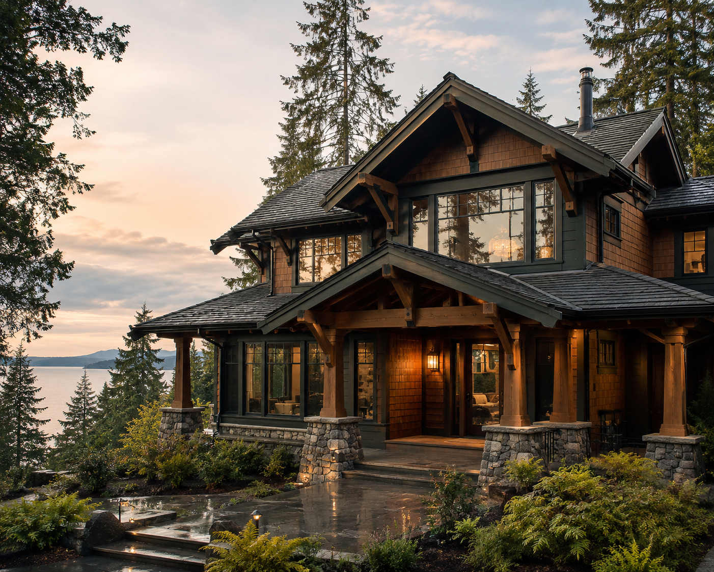 Craftsman-style custom home at dusk overlooking the water