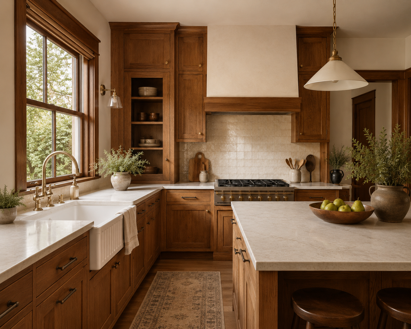 Renovated kitchen with wood cabinetry and marble countertops
