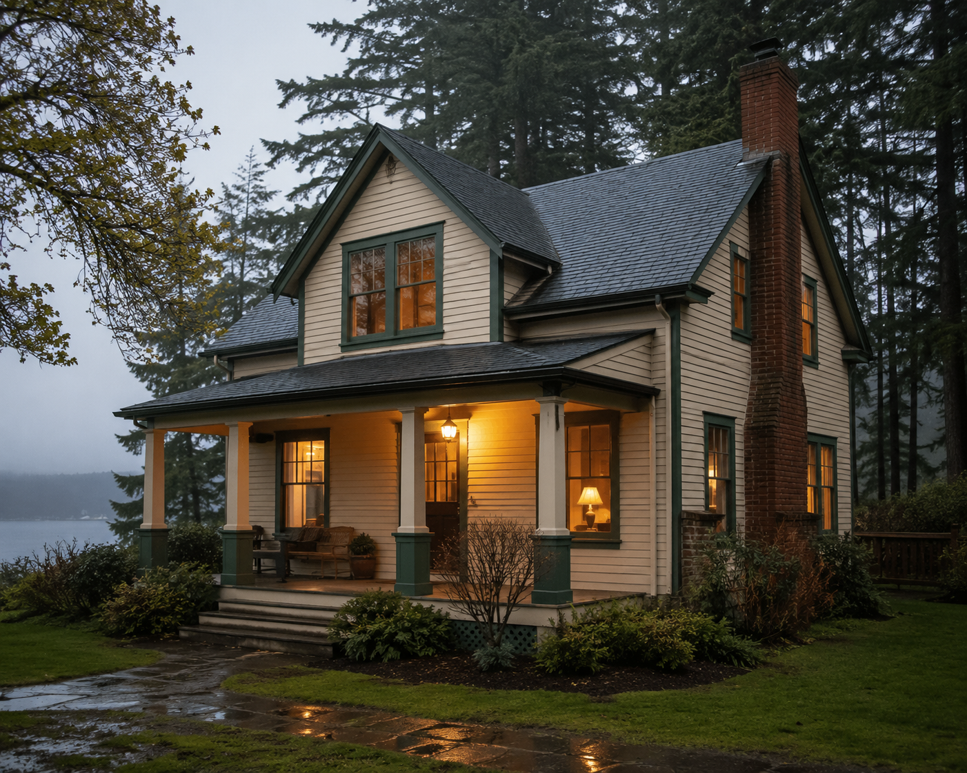 Restored historic farmhouse glowing at dusk in the woods