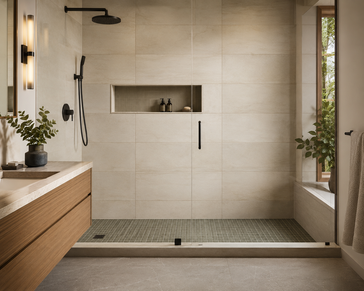 Large-format tiled walk-in shower with black fixtures